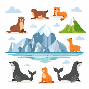 Arctic animals gathered around icy landscape in a serene ocean scene from a distant viewpoint in illustration format