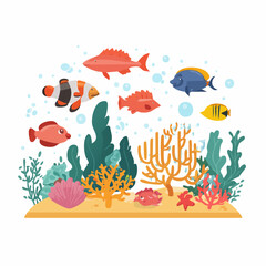 Naklejka premium School of colorful fish swimming near coral reef in ocean environment from aerial viewpoint