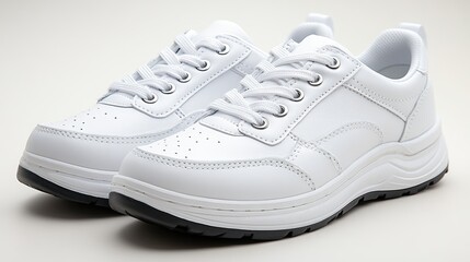 Pair of pristine white leather sneakers with black soles on a neutral backdrop