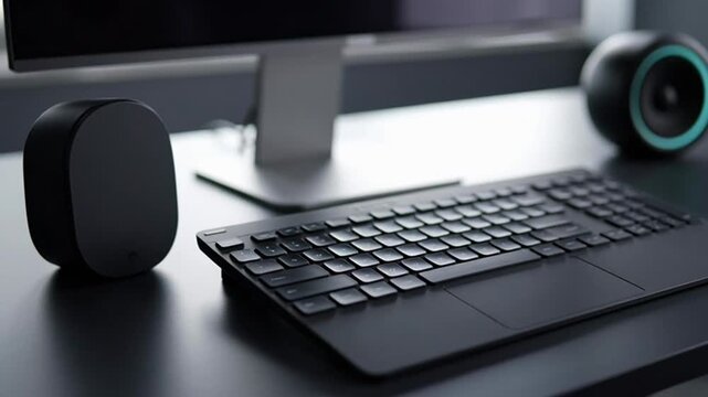 Close-up of a black computer keyboard with a mouse and speakers on a desk in a modern office setting with a dark and sleek mood.