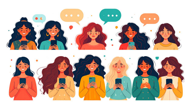 Young women using smartphones with chat bubbles social media messaging concept flat vector illustration set