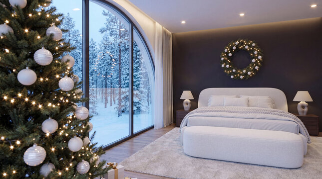 Inviting Christmas bedroom featuring neutral tones, a decorated tree, dark wall with a glowing wreath, and an arched glass window overlooking snowy trees