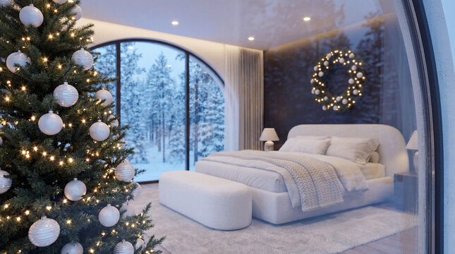 Contemporary holiday bedroom setting with a plush white bed, dark backdrop, lit Christmas wreath, decorated tree, and a scenic snowy forest through the window