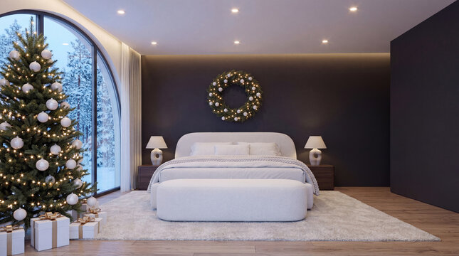 Modern Scandinavian holiday bedroom interior featuring a decorated tree, dark accent wall with a glowing wreath, and an arched window showing snowy pines