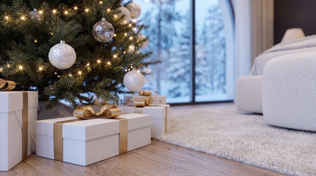 Detailed view of a luxury Christmas tree with white ornaments and golden lights, standing next to white wrapped gift boxes on a soft rug near a winter window.