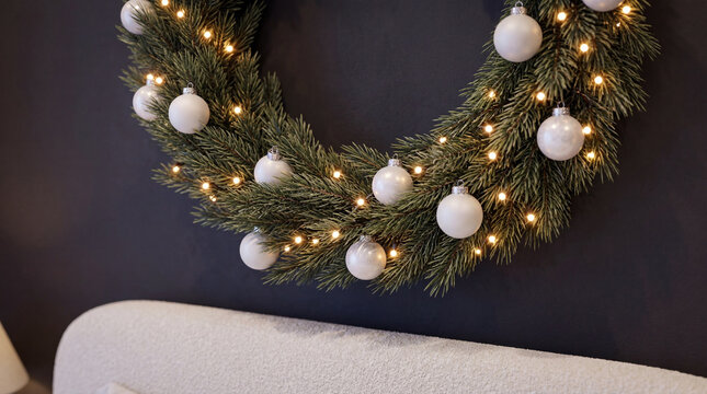 Close-up of a festive pine wreath decorated with warm fairy lights and white baubles, hanging above a white bed against a dark modern accent wall