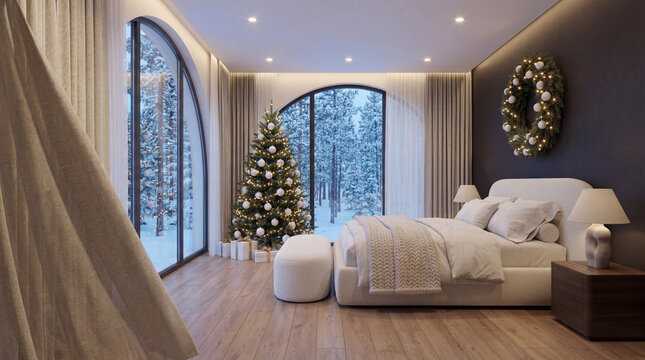 Elegant holiday bedroom setting with drawn curtains, a glowing Christmas tree, white bedding, lit wreath, and a large arched window framing a snowy forest