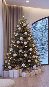 Vertical shot of a luxury Christmas tree with warm lights and white baubles, standing next to wrapped presents and an arched window overlooking a snowy forest