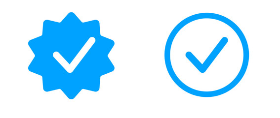 Set of two blue checkmark icons: a starburst verified badge and a circular check symbol, perfect for representing verification, approval, or success. Isolated on transparent background. © Rahman Studio