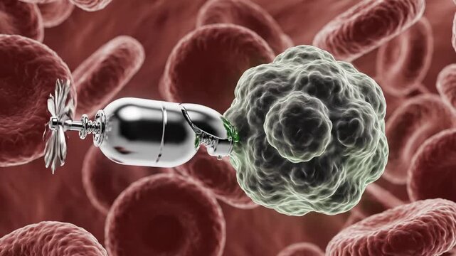 Bacteriophage attacking a bacterial cell with red blood cells in the background.