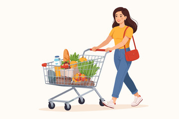 Happy young woman pushing a full shopping cart at a grocery store or supermarket, filled with fresh vegetables, fruit, bread, and milk, flat vector illustration isolated on a white background.