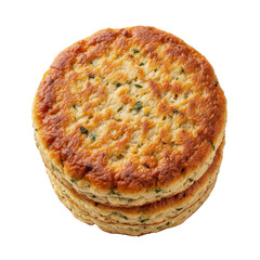 Stack of golden hash brown patties isolated on transparent background