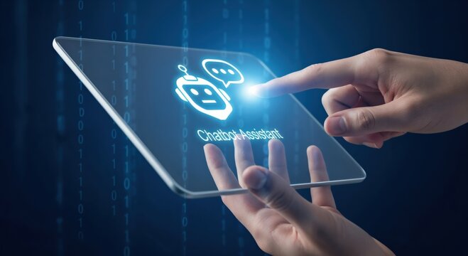 Person using futuristic transparent tablet for AI chatbot assistant customer support interface
