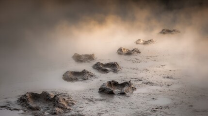 Obraz premium implementer. Fossilized Tyrannosaurus rex footprints in mud, leading into misty dawn. wildlife magazines, conservation campaigns, designed for wildlife conservation campaigns. 
