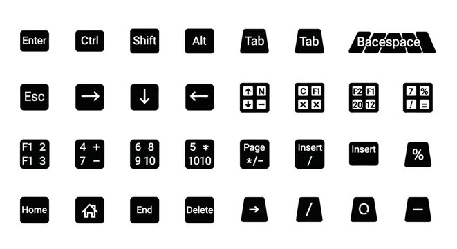 A collection of black keyboard keys arranged neatly on a white surface, showcasing various function and symbol keys from a standard keyboard layout.