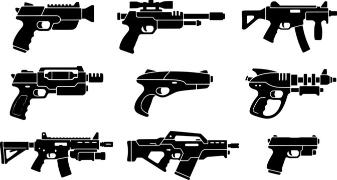 toy nerf gun silhouette, black and white silhouette, vector and illustration
