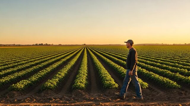 Farmer Walking Through Crop Field at Sunset