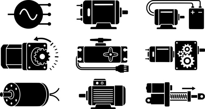 Electric Motors & Drives Outline Icon Set. AC, DC, Stepper, Servo Motors, Gearmotor. Industrial, Engineering, & Automation Technology.
