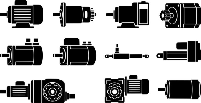 Electric Motors & Drives Outline Icon Set. AC, DC, Stepper, Servo Motors, Gearmotor. Industrial, Engineering, & Automation Technology.
