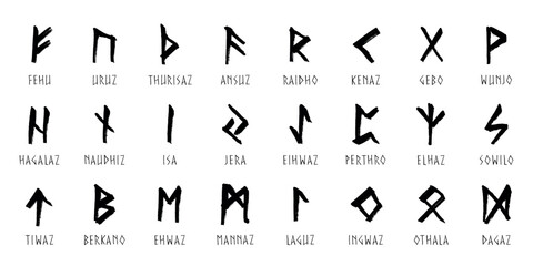 Fototapeta premium Set of hand drawn viking runes Ancient scandinavian futhark germanic celtic alphabet clipart in doodle style Single element for print, web, design, decor