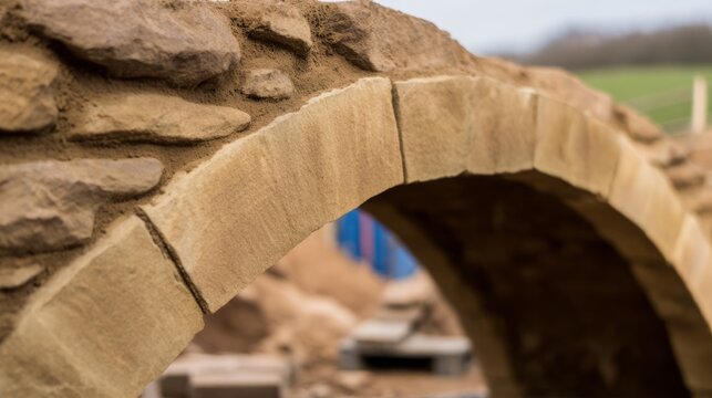 keystone. The final keystone being placed into a stone arch bridge, architectural detail. real-estate listings.
