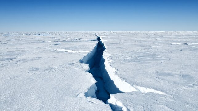 monopole. A vast glacier with a deep, dark crevasse splitting its surface, cold blue and white tones. travel magazines, destination branding, designed for outdoor magazines and nature guides.
