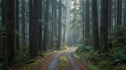 Obraz premium Winding Dirt Road Through A Misty Evergreen Forest With Tall Conifer Trees And Lush Green Undergrowth
