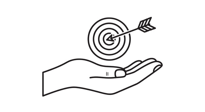 Hand holding dartboard with arrow hitting bullseye, representing goal achievement and success, vector illustration for business strategy and target marketing