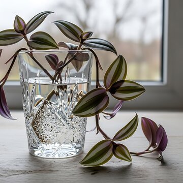 Illustration of tradescantia zebrina plant cutting in a glass of water on a table