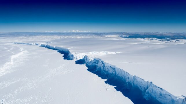 monopole. A vast glacier with a deep, dark crevasse splitting its surface, cold blue and white tones. travel magazines, destination branding, designed for outdoor magazines and nature guides.
