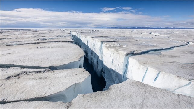 monopole. A vast glacier with a deep, dark crevasse splitting its surface, cold blue and white tones. travel magazines, destination branding, designed for outdoor magazines and nature guides.
