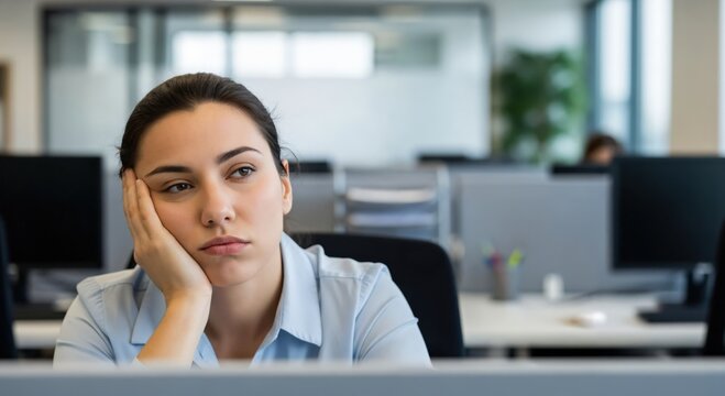 Bored Young Caucasian Woman Procrastinating at Office Desk, Quiet Quitting Concept