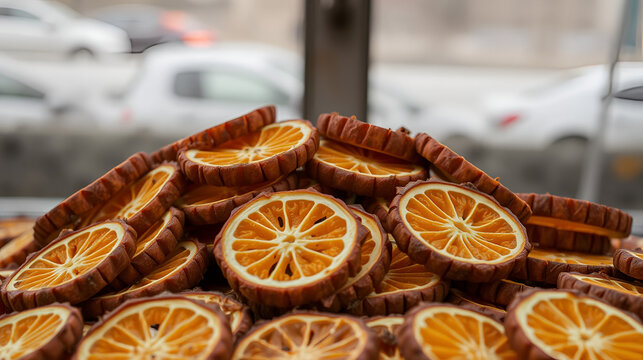 Pile of dehydrated orange wagonwheel duros duritos food