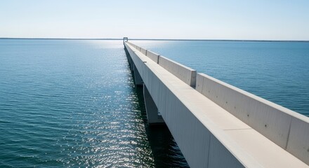 Obraz premium Modern Concrete Pier Stretching Across Vast Blue Water with Sun Reflections Under a Clear Sky