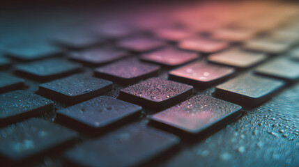 Close-up of wet computer keyboard keys with colorful purple and orange cinematic ambient lighting