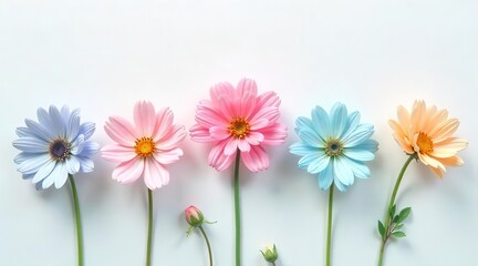 Obraz premium Array of Delicate Floral Blooms in Pastel Hues Arranged Across a Clean Backdrop
