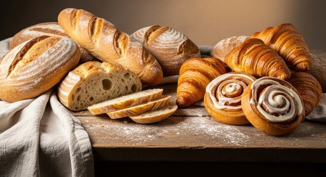 Various types of bread and pastries on a wooden table.