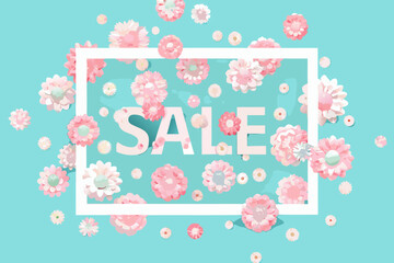 Floral sale announcement with pink blossoms and a white frame