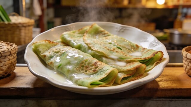 Indonesian serabi traditional pancake street food, centered plate, warm kitchen stall background, no words, no people