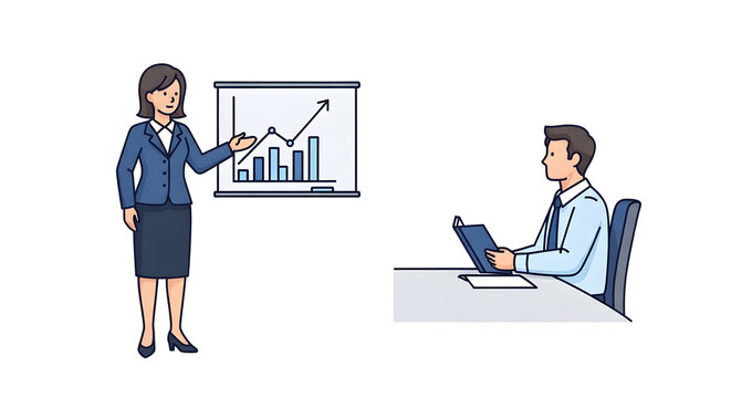 Businesswoman Presenting Growth Chart to Male Colleague in Meeting. A professional businesswoman in a blue blazer and skirt confidently presents an upward trending chart on a flipboard