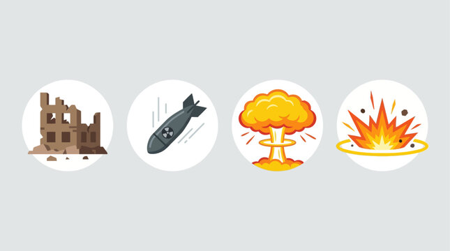 Uflat vector icon set of nuclear war elements, destroyed building ruins, falling bomb missile, nuclear mushroom cloud explosion, and ground blast fire explosion, simple cartoon illustration, minimal s