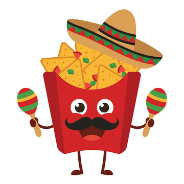 Funny nacho box character wearing sombrero and playing maracas instrument