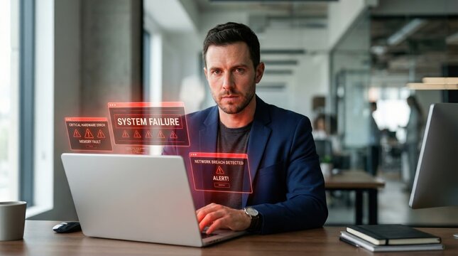 Laptop with floating red holographic system failure memory fault and network breach alerts representing cybersecurity threats it risk management and infrastructure monitoring in a modern open plan