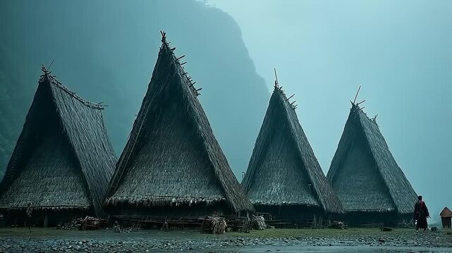 Traditional tribal huts in a misty mountainous landscape with thatched roofs.
