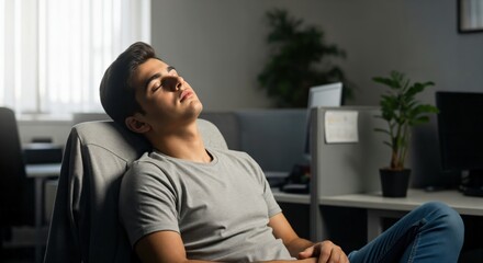 Fototapeta premium Young Gen Z male employee taking a power nap in an office chair for mental wellness and rest