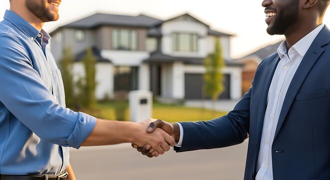 Two businessmen shaking hands in front of modern house