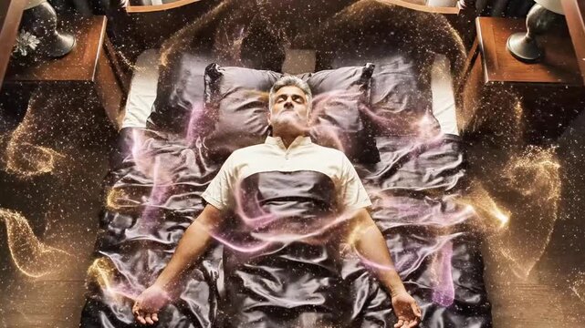 A man lies on a bed surrounded by glowing, ethereal energy