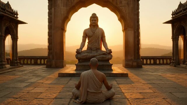 Devotee Meditating Before Lord Mahavira Statue at Sunrise in Temple with Scenic Mountain View