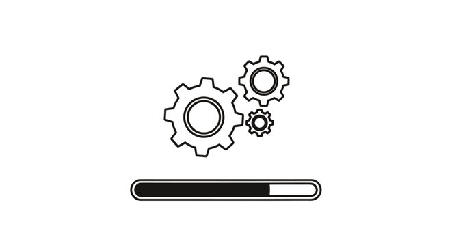 Industrial loading animation with gears and mechanical progress indicators in a clean vector design.