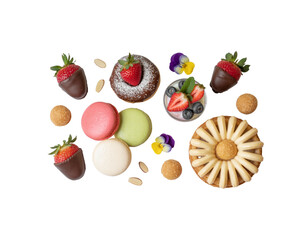 Fototapeta premium A colorful assortment of sweet treats including macarons, chocolate-covered strawberries, and cookies on transparent background